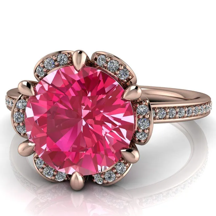 Rings Fire Brilliance Daisy Round Pink Sapphire Floral Diamond Basket Design and Diamond Shoulders Ring