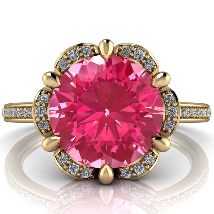 Rings Fire Brilliance Daisy Round Pink Sapphire Floral Diamond Basket Design and Diamond Shoulders Ring