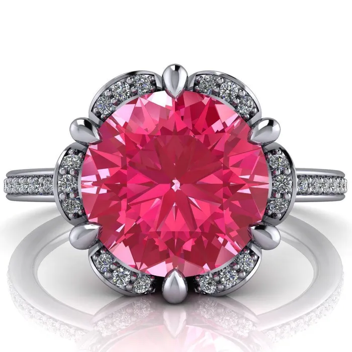 Rings Fire Brilliance Daisy Round Pink Sapphire Floral Diamond Basket Design and Diamond Shoulders Ring