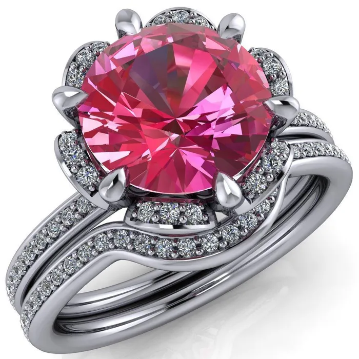 Rings Fire Brilliance Daisy Round Pink Sapphire Floral Diamond Basket Design and Diamond Shoulders Ring