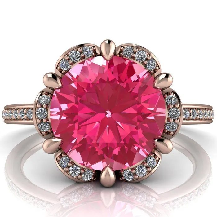 Rings Fire Brilliance Daisy Round Pink Sapphire Floral Diamond Basket Design and Diamond Shoulders Ring