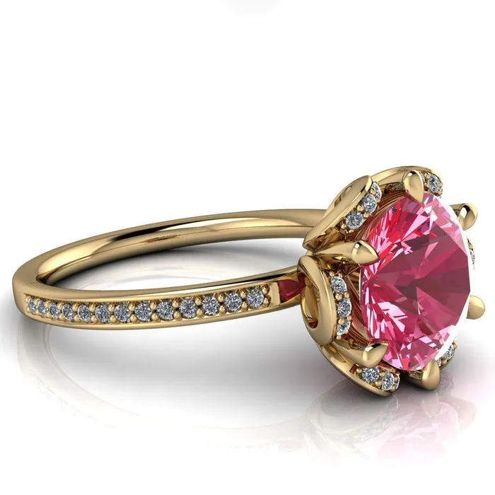 Rings Fire Brilliance Daisy Round Pink Sapphire Floral Diamond Basket Design and Diamond Shoulders Ring