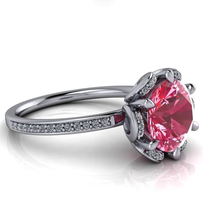 Rings Fire Brilliance Daisy Round Pink Sapphire Floral Diamond Basket Design and Diamond Shoulders Ring