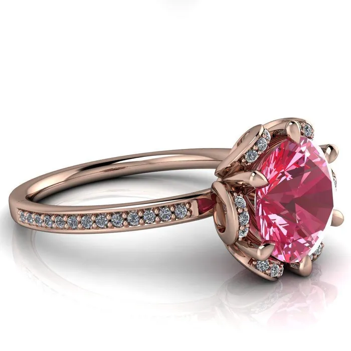 Rings Fire Brilliance Daisy Round Pink Sapphire Floral Diamond Basket Design and Diamond Shoulders Ring