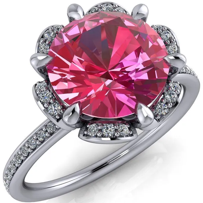 Rings Fire Brilliance Daisy Round Pink Sapphire Floral Diamond Basket Design and Diamond Shoulders Ring