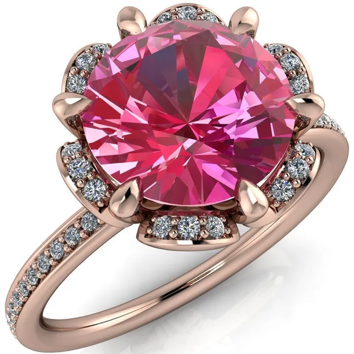 Rings Fire Brilliance Daisy Round Pink Sapphire Floral Diamond Basket Design and Diamond Shoulders Ring