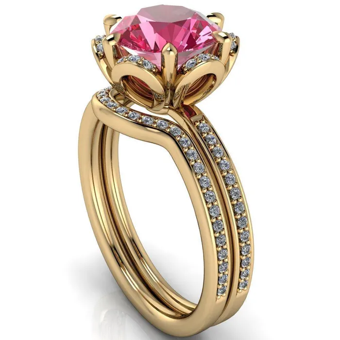 Rings Fire Brilliance Daisy Round Pink Sapphire Floral Diamond Basket Design and Diamond Shoulders Ring