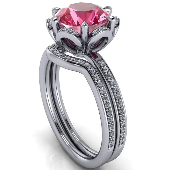 Rings Fire Brilliance Daisy Round Pink Sapphire Floral Diamond Basket Design and Diamond Shoulders Ring