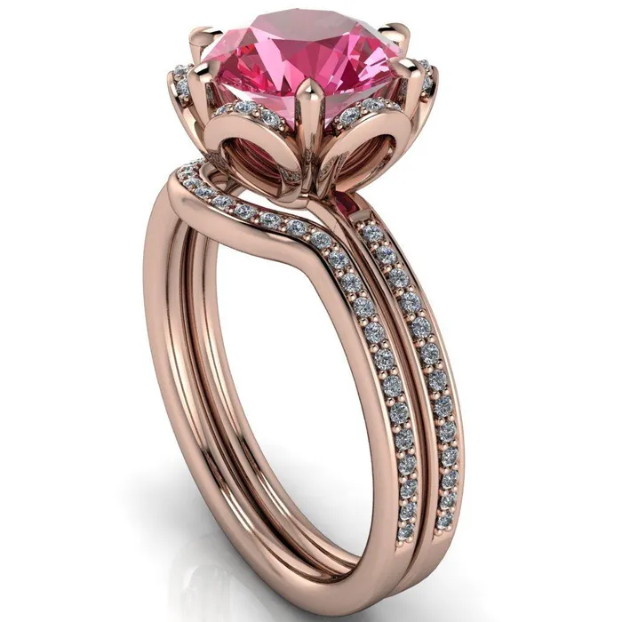 Rings Fire Brilliance Daisy Round Pink Sapphire Floral Diamond Basket Design and Diamond Shoulders Ring