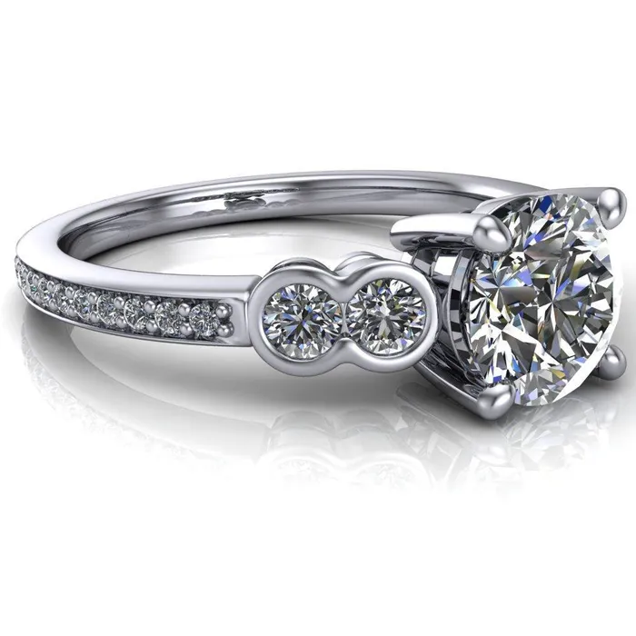 Rings Fire Brilliance Felise Round Center Stone Double Diamond Side Accent 4 Prong Ring