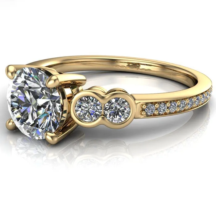Rings Fire Brilliance Felise Round Center Stone Double Diamond Side Accent 4 Prong Ring