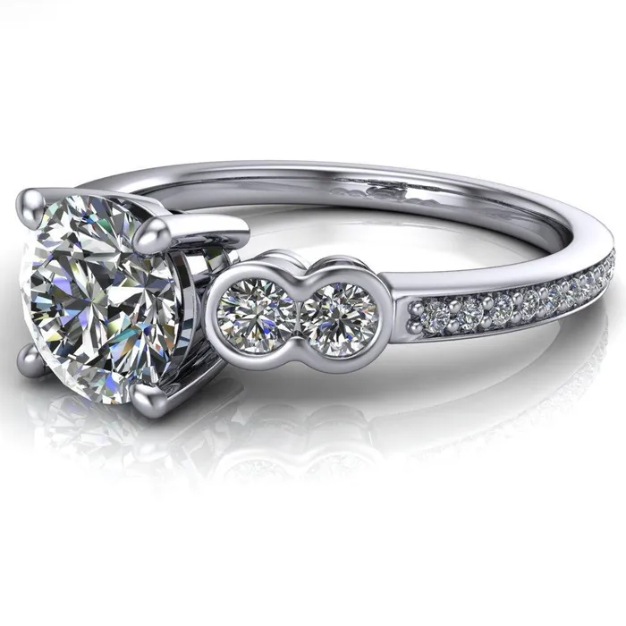 Rings Fire Brilliance Felise Round Center Stone Double Diamond Side Accent 4 Prong Ring