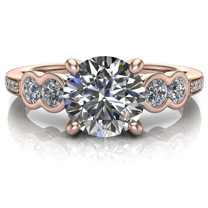 Rings Fire Brilliance Felise Round Center Stone Double Diamond Side Accent 4 Prong Ring