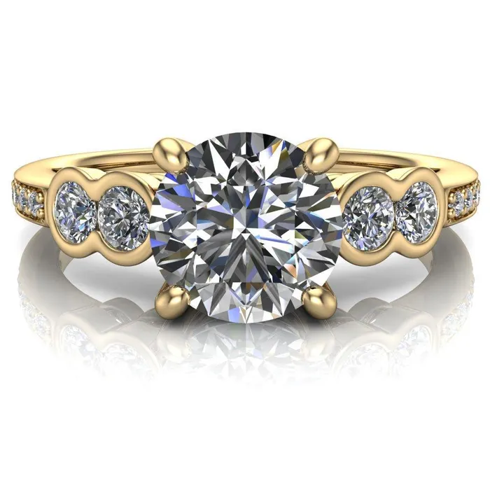 Rings Fire Brilliance Felise Round Center Stone Double Diamond Side Accent 4 Prong Ring