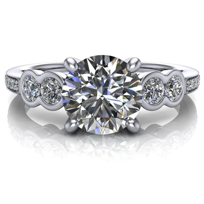 Rings Fire Brilliance Felise Round Center Stone Double Diamond Side Accent 4 Prong Ring