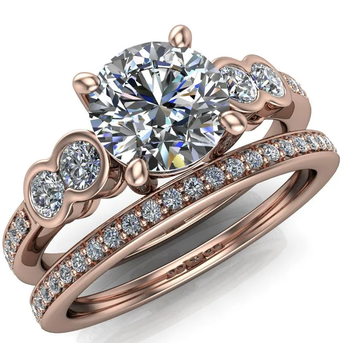 Rings Fire Brilliance Felise Round Center Stone Double Diamond Side Accent 4 Prong Ring