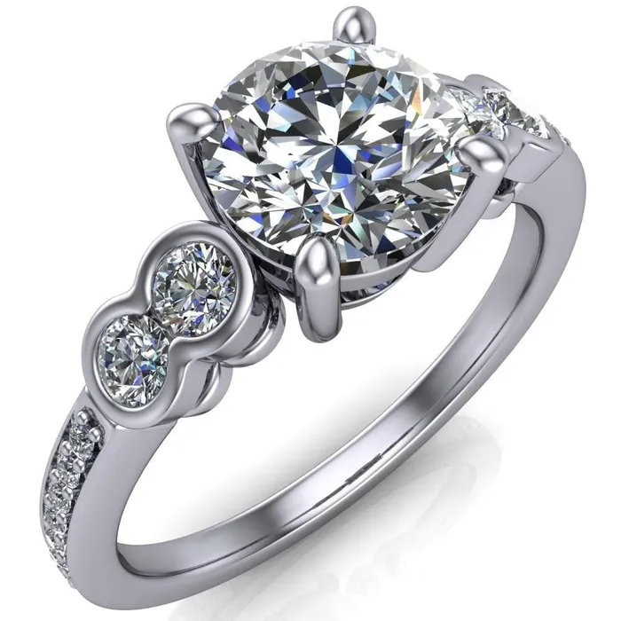 Rings Fire Brilliance Felise Round Center Stone Double Diamond Side Accent 4 Prong Ring