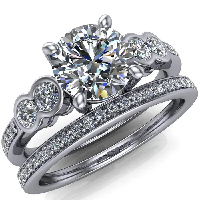 Rings Fire Brilliance Felise Round Center Stone Double Diamond Side Accent 4 Prong Ring