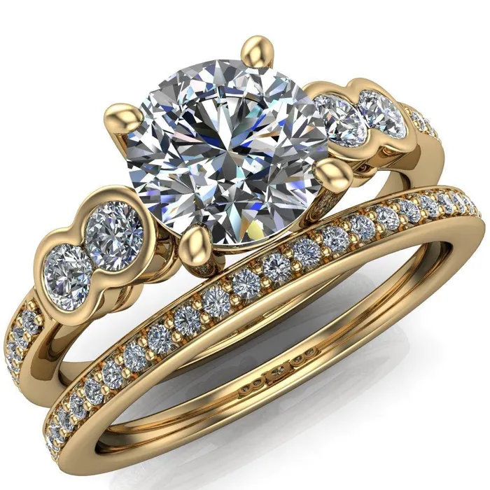 Rings Fire Brilliance Felise Round Center Stone Double Diamond Side Accent 4 Prong Ring