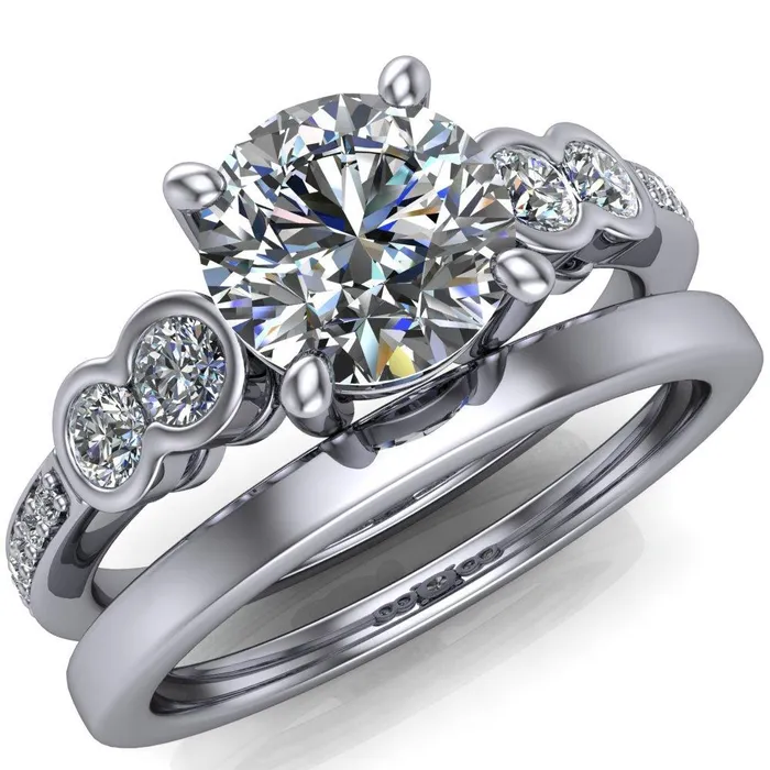 Rings Fire Brilliance Felise Round Center Stone Double Diamond Side Accent 4 Prong Ring