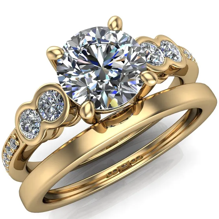 Rings Fire Brilliance Felise Round Center Stone Double Diamond Side Accent 4 Prong Ring