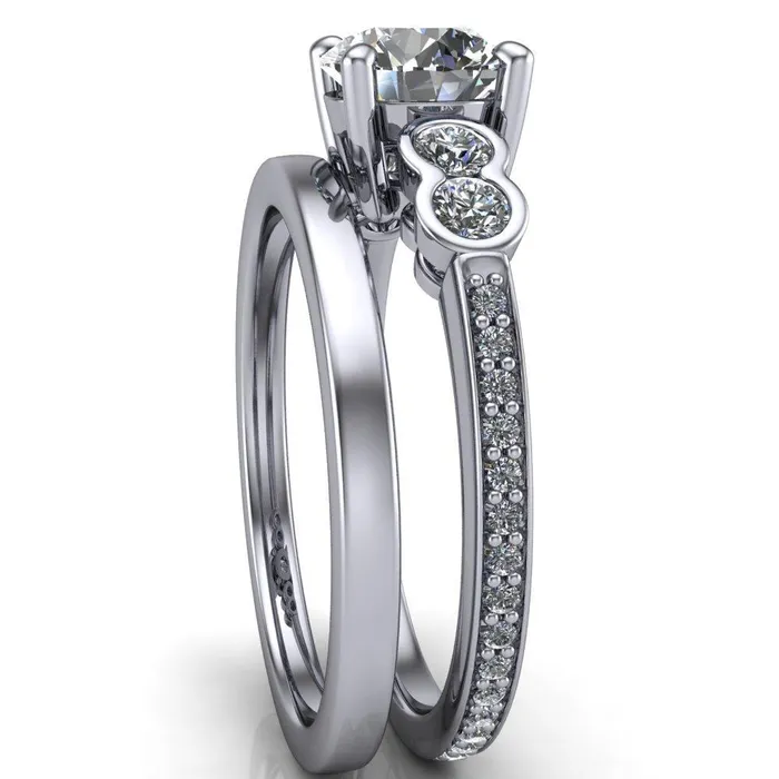 Rings Fire Brilliance Felise Round Center Stone Double Diamond Side Accent 4 Prong Ring