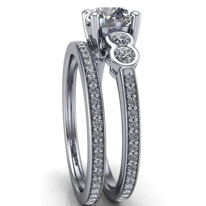 Rings Fire Brilliance Felise Round Center Stone Double Diamond Side Accent 4 Prong Ring