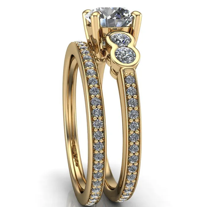 Rings Fire Brilliance Felise Round Center Stone Double Diamond Side Accent 4 Prong Ring