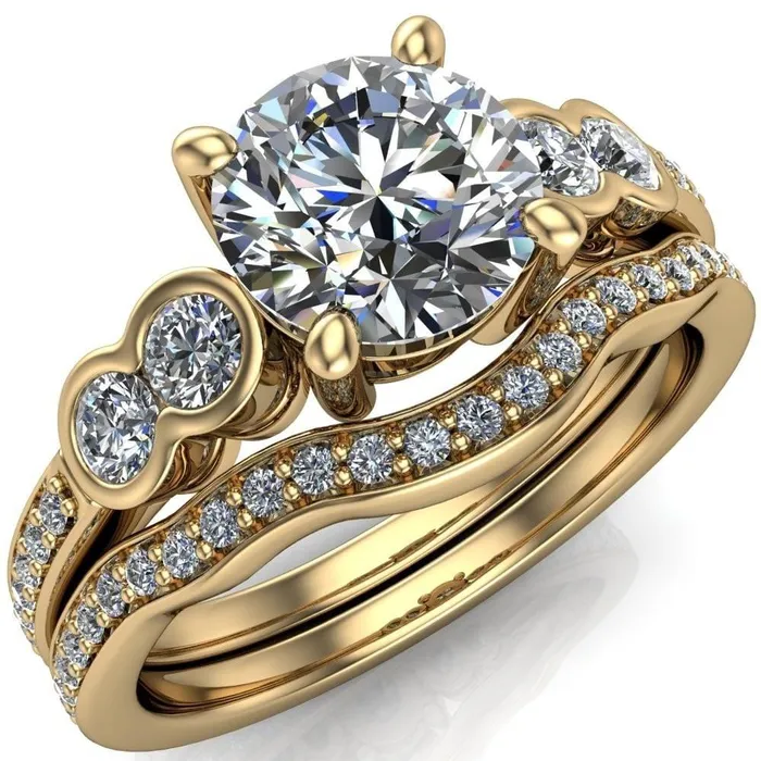 Rings Fire Brilliance Felise Round Center Stone Double Diamond Side Accent 4 Prong Ring