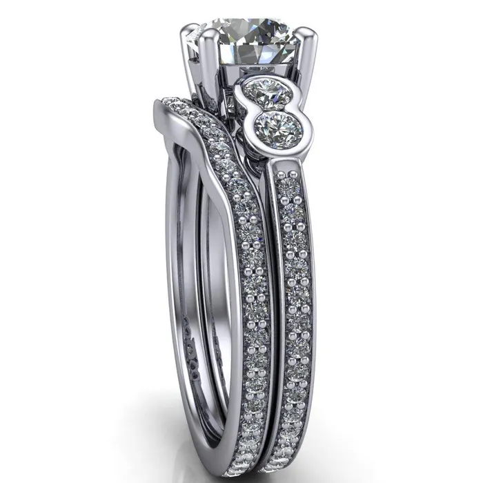 Rings Fire Brilliance Felise Round Center Stone Double Diamond Side Accent 4 Prong Ring