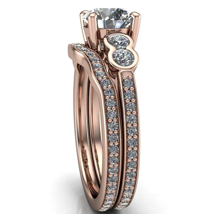 Rings Fire Brilliance Felise Round Center Stone Double Diamond Side Accent 4 Prong Ring