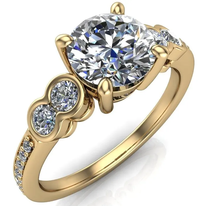 Rings Fire Brilliance Felise Round Center Stone Double Diamond Side Accent 4 Prong Ring