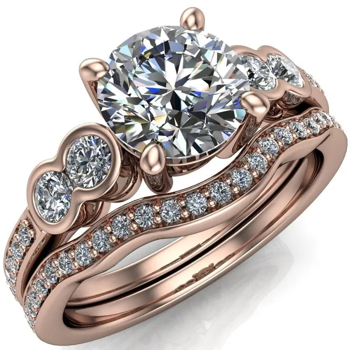Rings Fire Brilliance Felise Round Center Stone Double Diamond Side Accent 4 Prong Ring