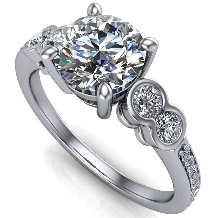 Rings Fire Brilliance Felise Round Center Stone Double Diamond Side Accent 4 Prong Ring