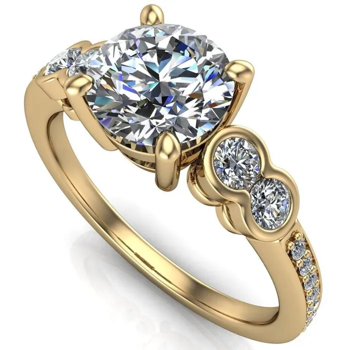 Rings Fire Brilliance Felise Round Center Stone Double Diamond Side Accent 4 Prong Ring