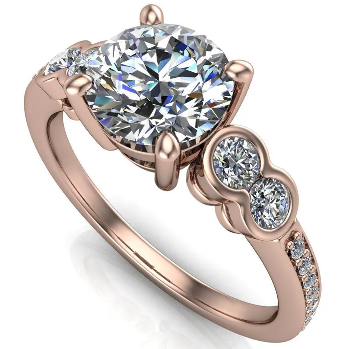 Rings Fire Brilliance Felise Round Center Stone Double Diamond Side Accent 4 Prong Ring