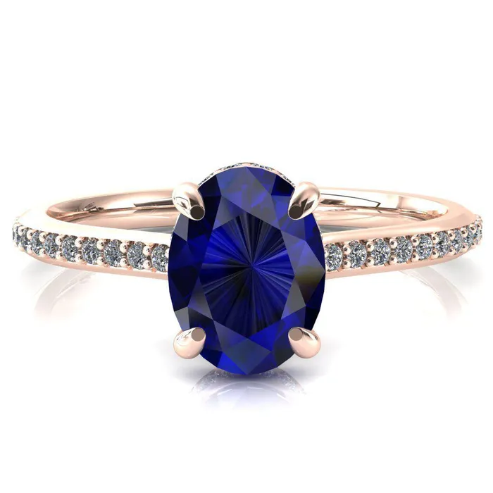 Rings Fire Brilliance Kiki Oval Blue Sapphire 4 Prongs Claw Floating Halo 12 Pinpoint Inverted Cathedral Ring
