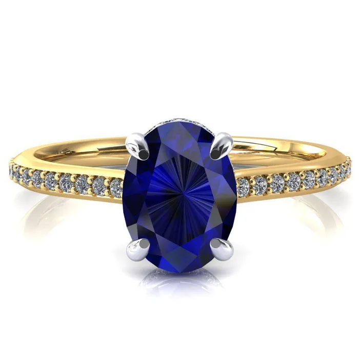 Rings Fire Brilliance Kiki Oval Blue Sapphire 4 Prongs Claw Floating Halo 12 Pinpoint Inverted Cathedral Ring