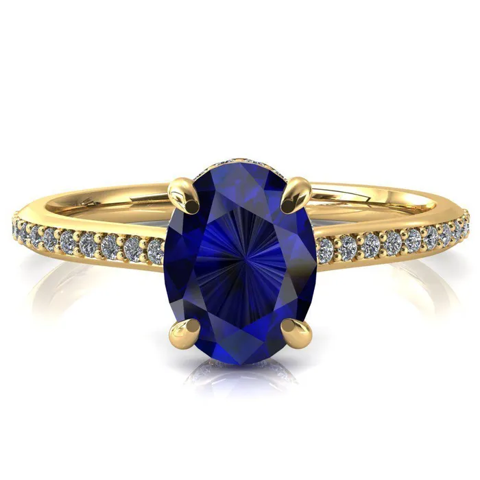 Rings Fire Brilliance Kiki Oval Blue Sapphire 4 Prongs Claw Floating Halo 12 Pinpoint Inverted Cathedral Ring