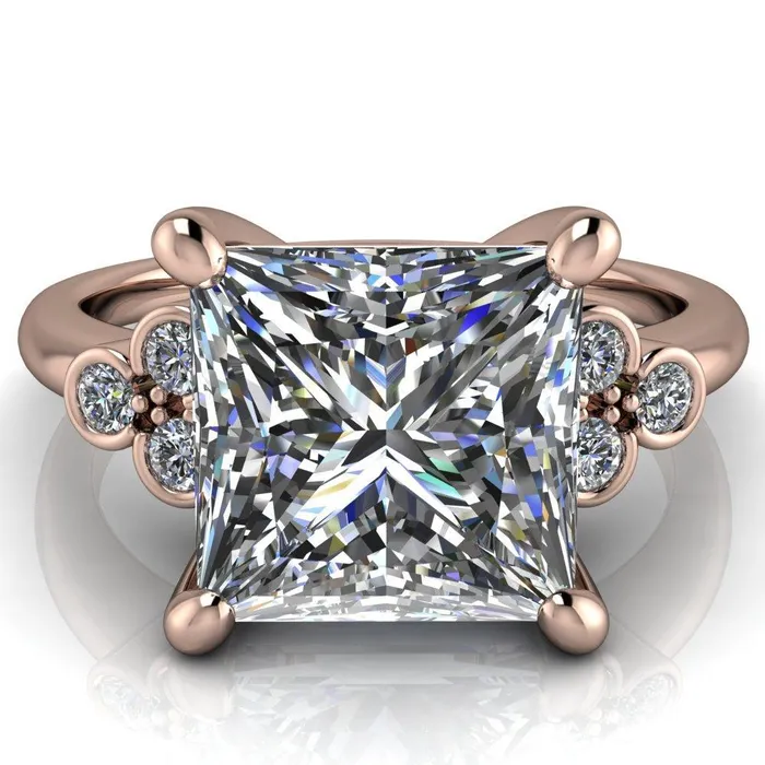 Rings Fire Brilliance Malene Square Moissanite Triple Diamond Side Bezel Engagement Ring