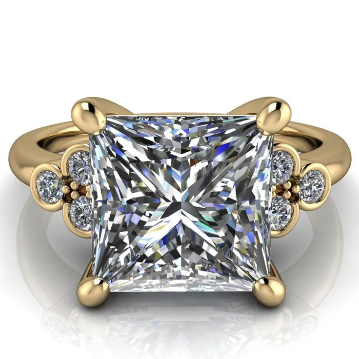 Rings Fire Brilliance Malene Square Moissanite Triple Diamond Side Bezel Engagement Ring