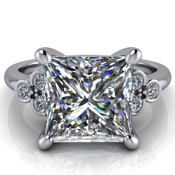 Rings Fire Brilliance Malene Square Moissanite Triple Diamond Side Bezel Engagement Ring