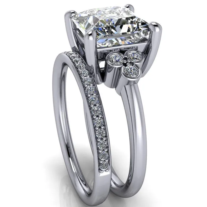 Rings Fire Brilliance Malene Square Moissanite Triple Diamond Side Bezel Engagement Ring