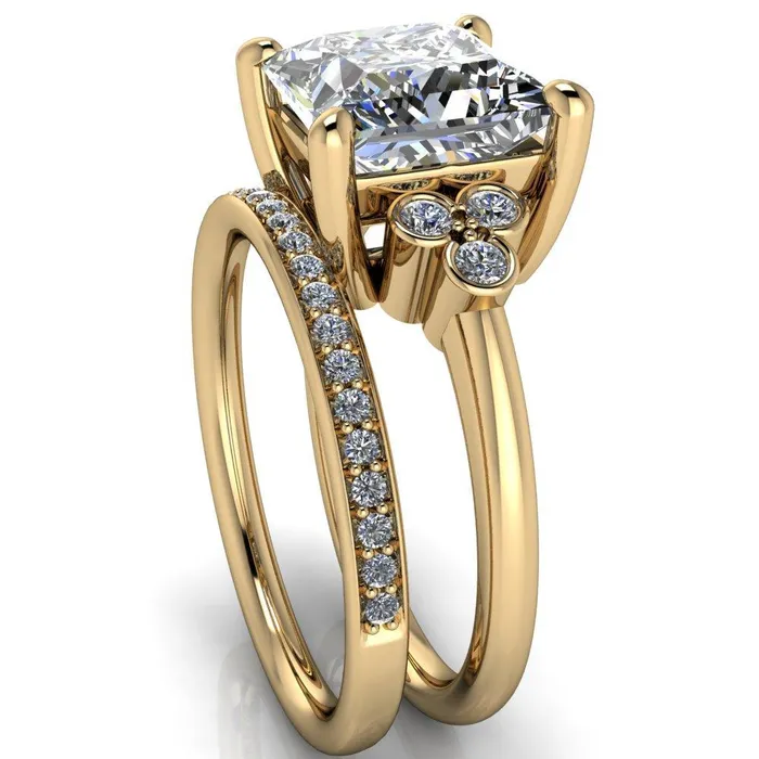 Rings Fire Brilliance Malene Square Moissanite Triple Diamond Side Bezel Engagement Ring