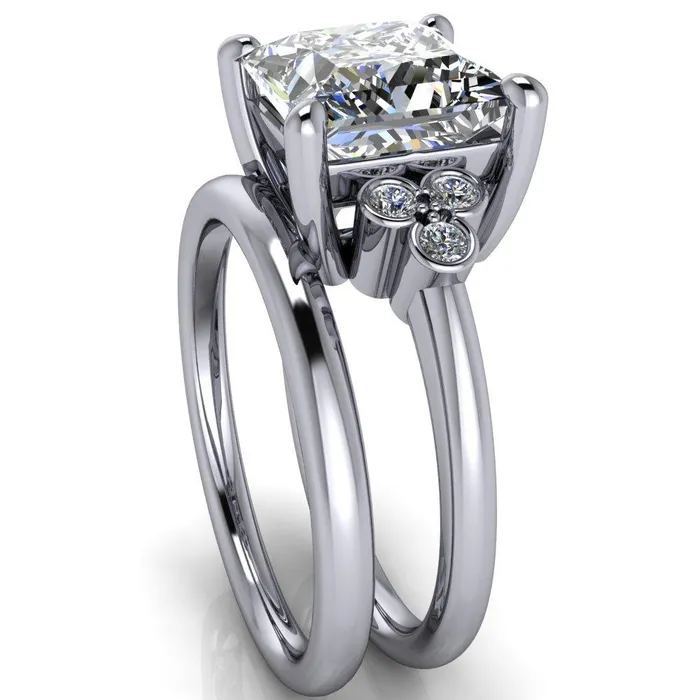 Rings Fire Brilliance Malene Square Moissanite Triple Diamond Side Bezel Engagement Ring