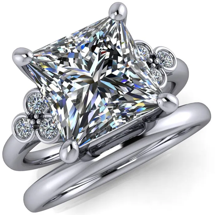Rings Fire Brilliance Malene Square Moissanite Triple Diamond Side Bezel Engagement Ring