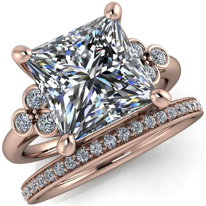 Rings Fire Brilliance Malene Square Moissanite Triple Diamond Side Bezel Engagement Ring