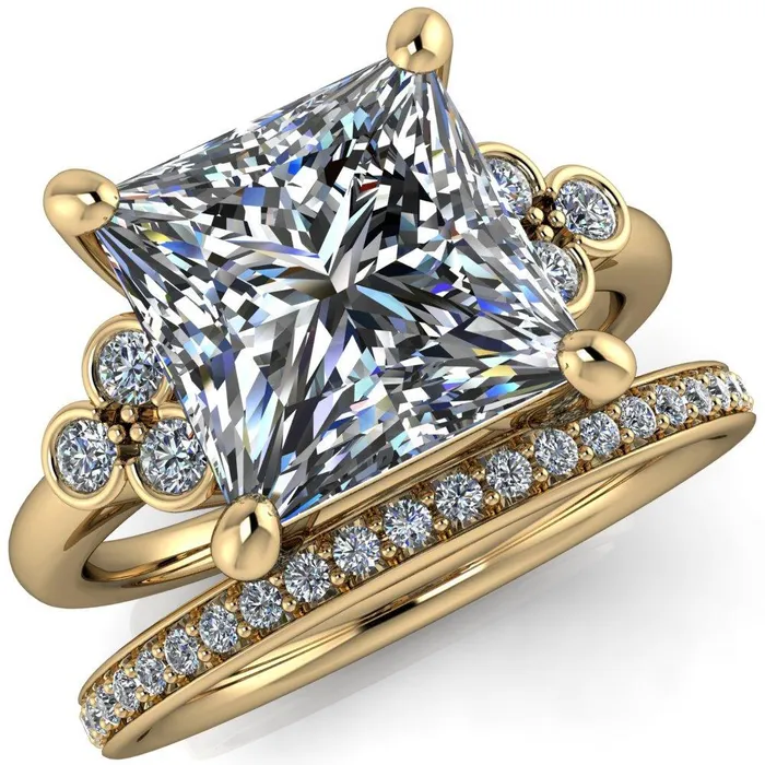 Rings Fire Brilliance Malene Square Moissanite Triple Diamond Side Bezel Engagement Ring