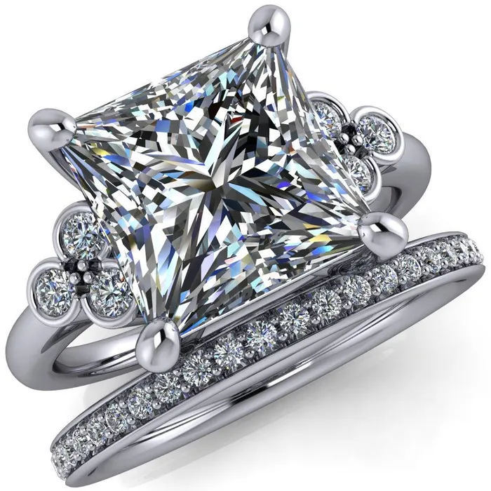 Rings Fire Brilliance Malene Square Moissanite Triple Diamond Side Bezel Engagement Ring