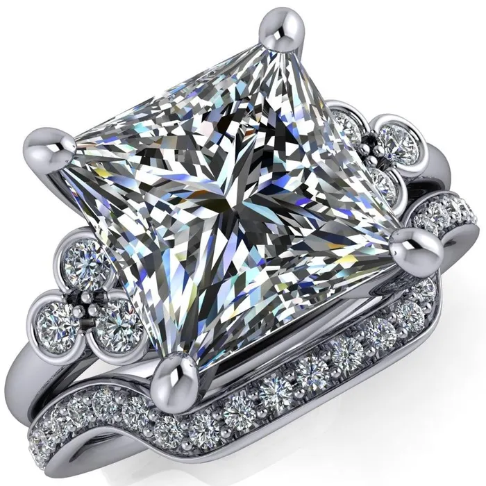 Rings Fire Brilliance Malene Square Moissanite Triple Diamond Side Bezel Engagement Ring